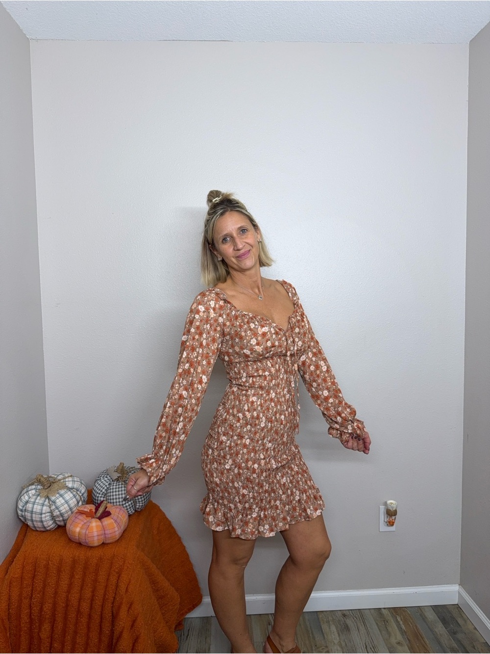 Timing Rust Floral Long-Sleeve Mini Dress